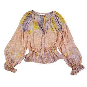 Mes Demoiselles Paris Silk Striped Colorful Cottage Peasant Sleeve Ruffle Top-1